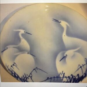 Elegant Oriental Blue and White Heron Art Plate, Signed